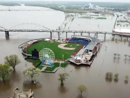 Aerial image of flood overwhelming city and baseball field in Davenport, Iowa