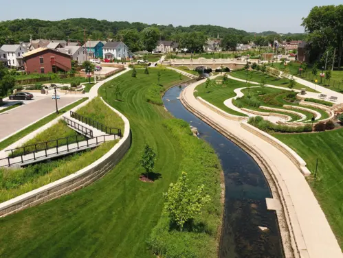 Aerial photo of the Bee Branch hazard mitigation project in Dubuque, Iowa.