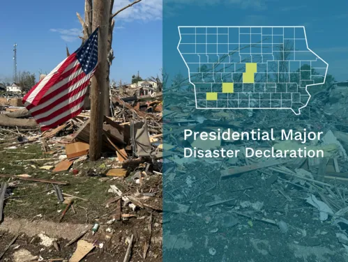 American flag hangs near widespread tornado damage in Greenfield, Iowa. Presidential Major Disaster Declaration for Iowa counties Adair, Polk, Story, and Montgomery.