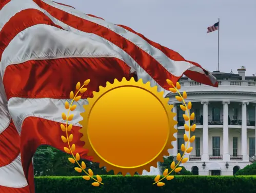 White House, American Flag, Gold Seal. 