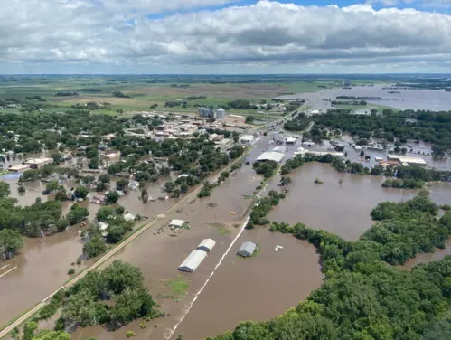 Aerial view of flooding disaster in Iowa.