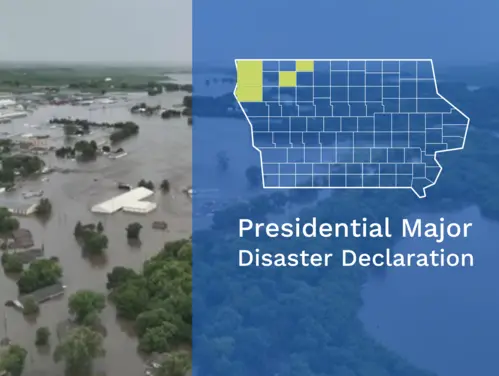 Photo of Iowa flooding and map of declared Iowa counties-Clay, Emmet, Lyon, Plymouth, and Sioux Counties.
