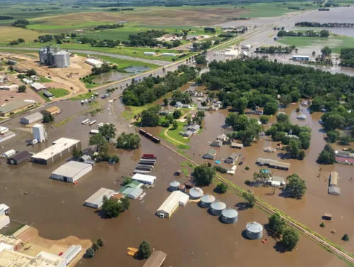 Aerial view of flooding disaster in Iowa.