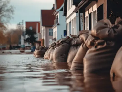 Sandbags and floodwaters surround downtown area.