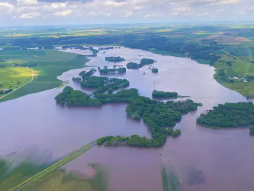 Aerial view of flooding disaster in Iowa.
