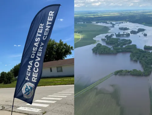 FEMA DRC sign, Aerial angle of flooded rural Iowa