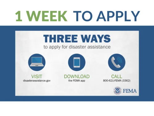 1 week to apply, 3 ways to apply for disaster assistance with FEMA 1. Visit DisasterAssistance.gov 2. Call FEMA directly at 800-621-FEMA (3362) 3. Download & use the FEMA app