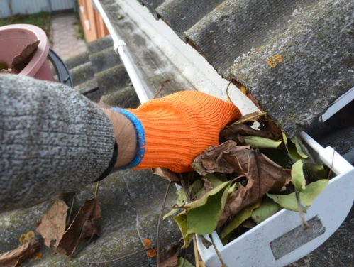 Person clears leaves from gutters on house.