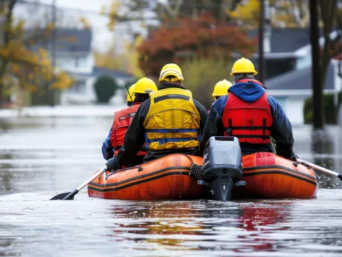Rescuers in a boat search for stranded survivors during a flooding event.