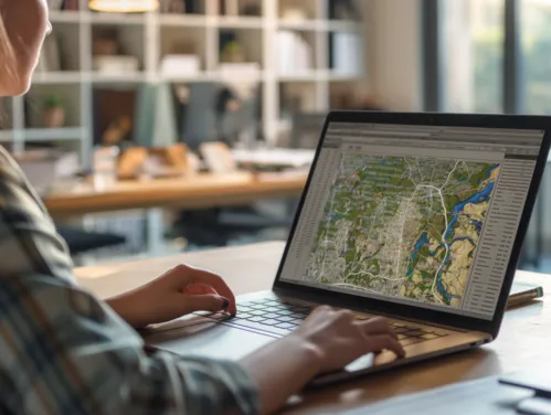 Woman reviews maps on laptop