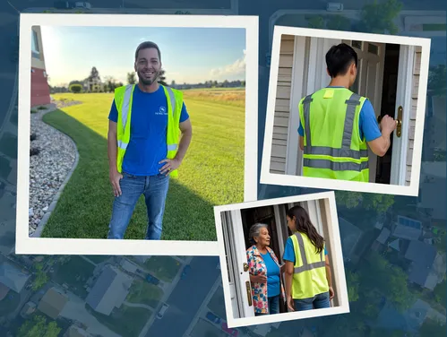 faded picture of a neighborhood in background. On top are three picture frames. Frame one: Individual smiling at camera in blue shirt and neon vest, frame two: young man in same uniform talking to a woman in a doorframe. Frame three: a woman in the same uniform talking to an older woman in her doorframe. 