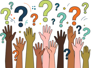 Question marks and raised hands