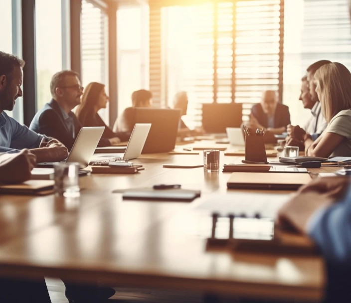 People sit around conference table at board meeting