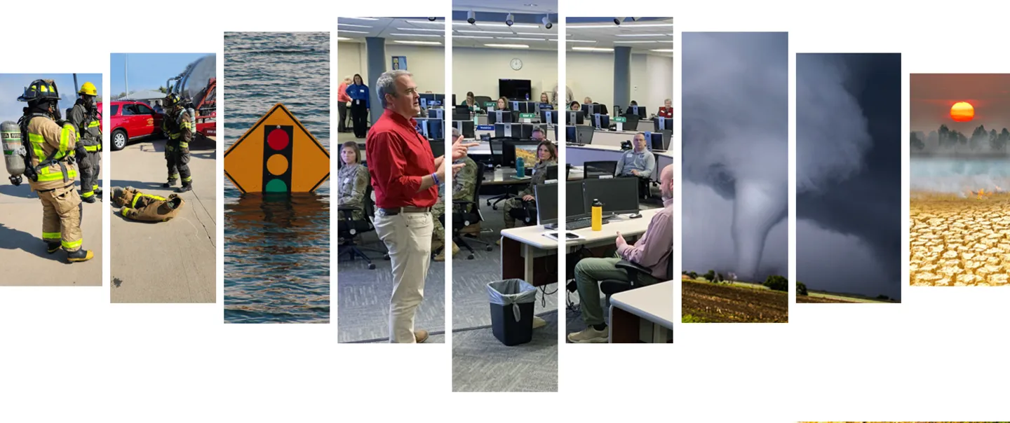 Collage of Iowa HSEM training, exercises, and disasters we respond to.