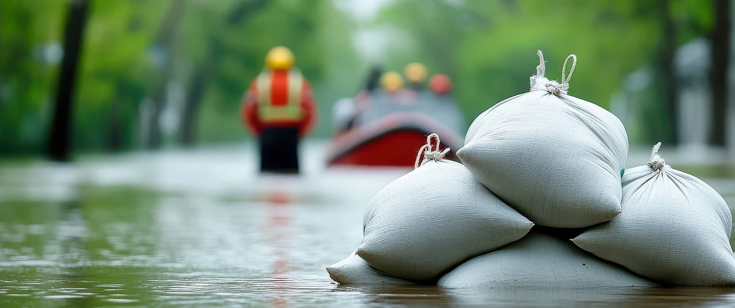 Sandbags in water as rescuers in boat look for survivors in flood waters.