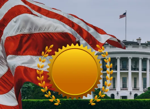 White House, American Flag, Gold Seal. 