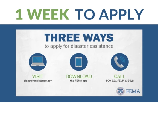 1 week to apply, 3 ways to apply for disaster assistance with FEMA 1. Visit DisasterAssistance.gov 2. Call FEMA directly at 800-621-FEMA (3362) 3. Download & use the FEMA app