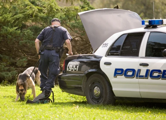 Police officer and K9 dog investigate backpack near police cruiser.