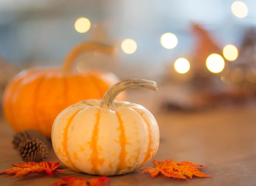 Pumpkins and fall leaves on table with holiday lighting.