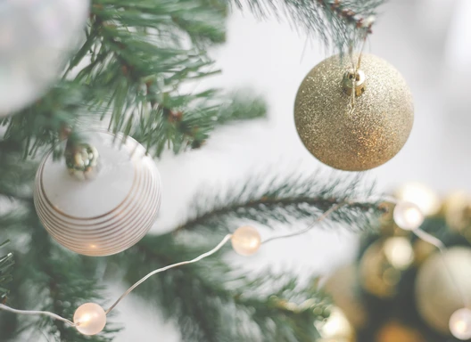 image of part of a pine tree with gold and white ornaments and lights