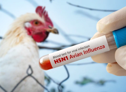 Chicken in background with hand holding vile of blood test for HPAI Aviation Flu or H5N1.