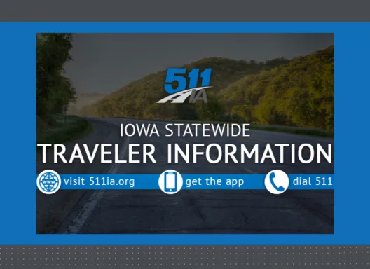 Iowa 511 logo on image of highway. Iowa's Statewide Traveler Information.