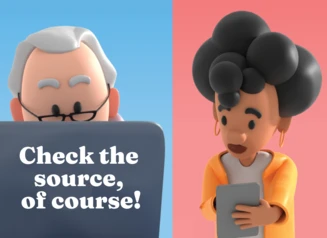 Cartoon woman and man checking laptop and phone for factual information. Check the source, of course!