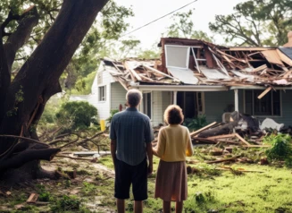 Man and woman stand in the yard and look at their tornado damaged home.