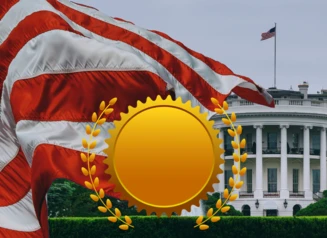 White House, American Flag, Gold Seal. 