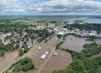 Aerial view of flooding disaster in Iowa.
