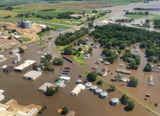 Aerial view of flooding disaster in Iowa.