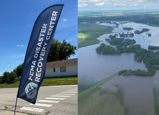 FEMA DRC sign, Aerial angle of flooded rural Iowa