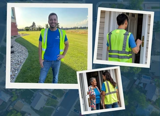 faded picture of a neighborhood in background. On top are three picture frames. Frame one: Individual smiling at camera in blue shirt and neon vest, frame two: young man in same uniform talking to a woman in a doorframe. Frame three: a woman in the same uniform talking to an older woman in her doorframe. 