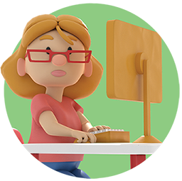 Female cartoon character using laptop.
