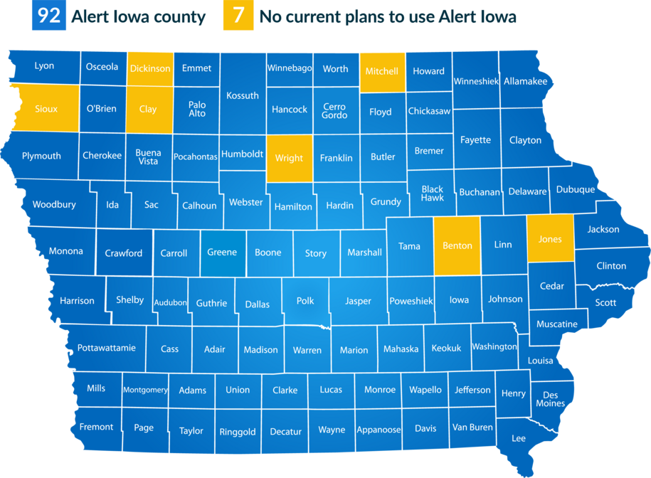 County map of Iowa, showing counties participating in Alert Iowa