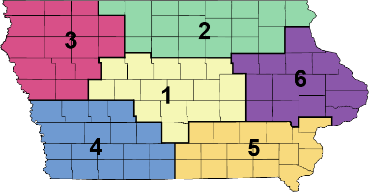 State of Iowa Regional Map with Region 1 covering central Iowa, Region 2 covering northeast Iowa, Region 3 covering northwest Iowa, Region 4 covering southwest Iowa, Region 5 covering southeast Iowa, and Region 6 covering east central Iowa.
