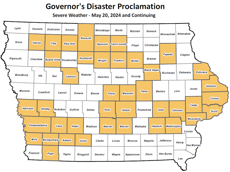 Map of declared counties in Iowa following May 20, 2024 severe weather.
