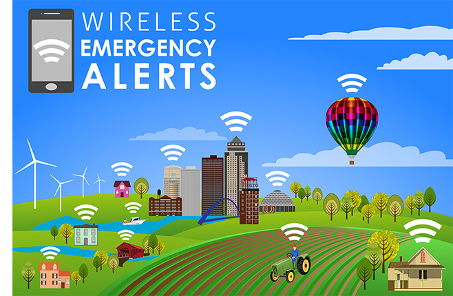 Illustration of Iowa farmland and cityscape showing how wireless alerts reach everyone while on a tractor or in a skyscraper..