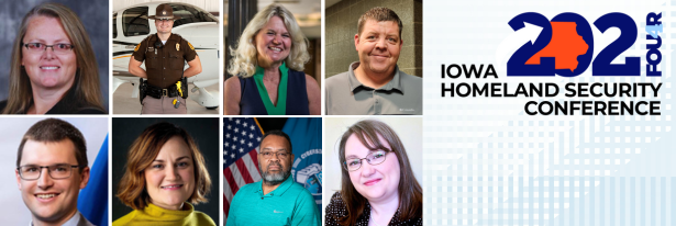 Collage of 2024 Iowa Homeland Security Conference Speakers and Logo