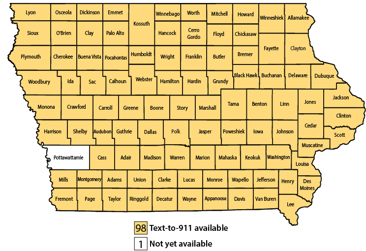Text to 911 Map of Iowa Counties