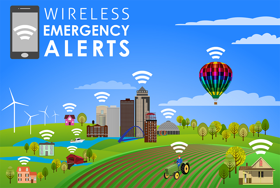 Wireless Emergency Alerts, Illustration show wireless emergency alerts icon throughout Iowa landscape.