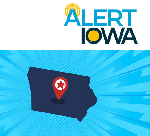 Alert Iowa logo with State of Iowa map shape with location marked in Polk County