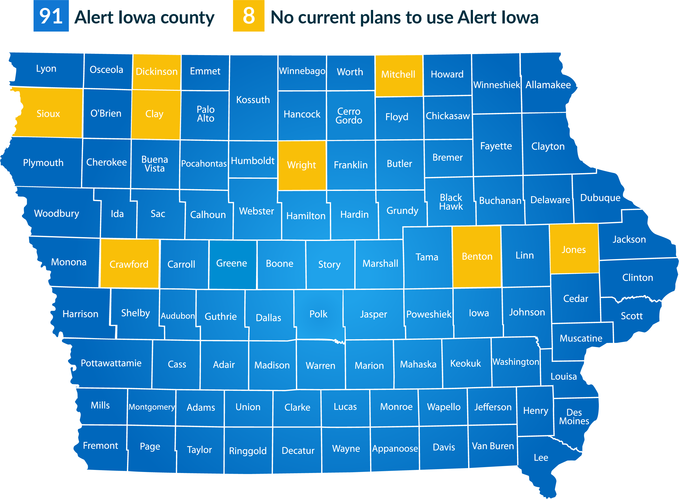 Alert Iowa County Map, 91 Alert Iowa Counties, 8 Counties with no current plans to use Alert Iowa including Sioux, Dickinson, Clay, Crawford, Wright, Mitchell, Benton and Jones