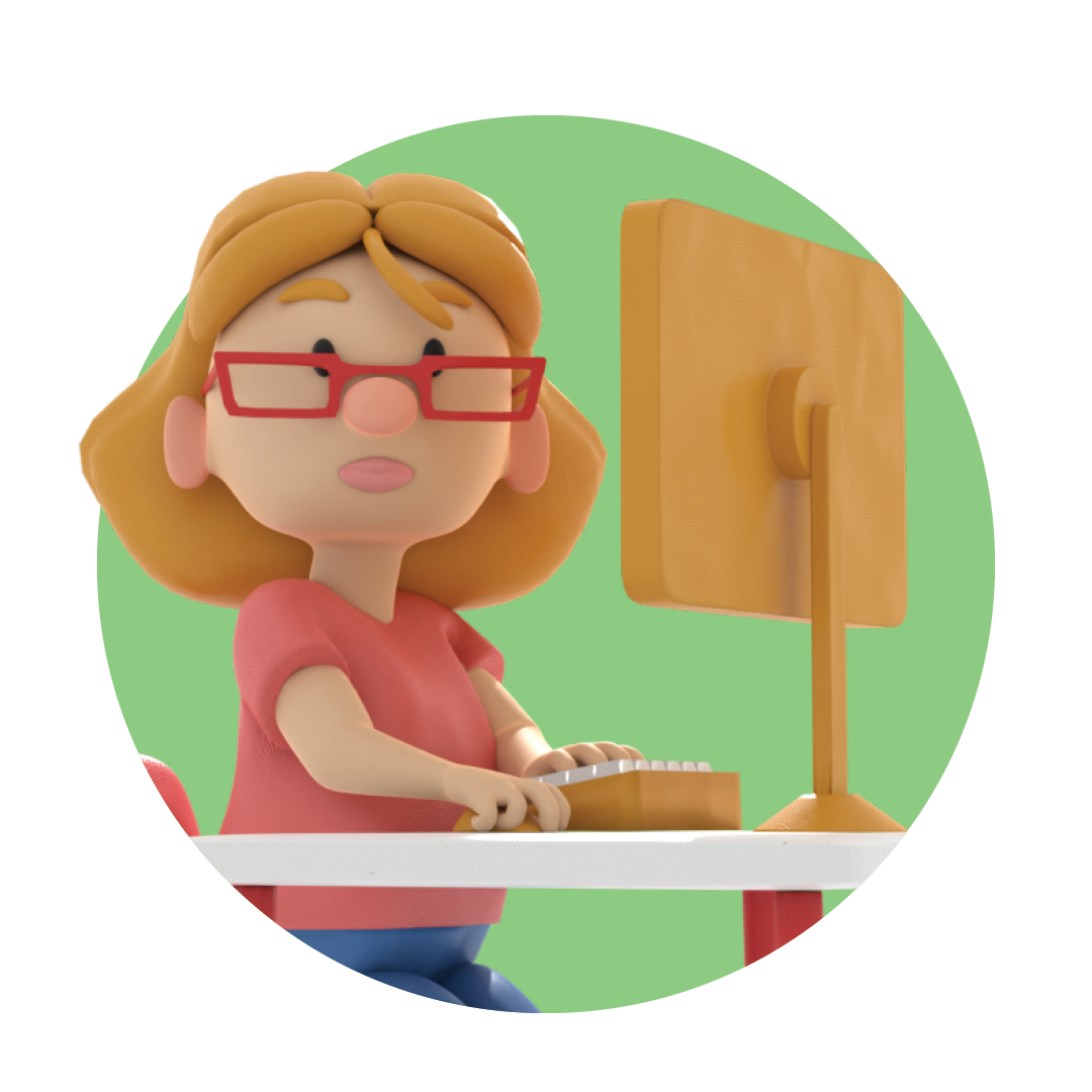 Cartoon woman sitting at table using desktop computer