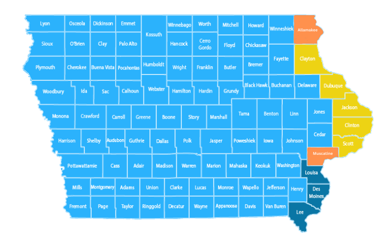 Map of Iowa Counties with Proclamation-named Counties, Allamakee, Clayton, Dubuque, Jackson, Clinton, Scott, Muscatine, Louisa, Des Moines, and Lee Highlighted