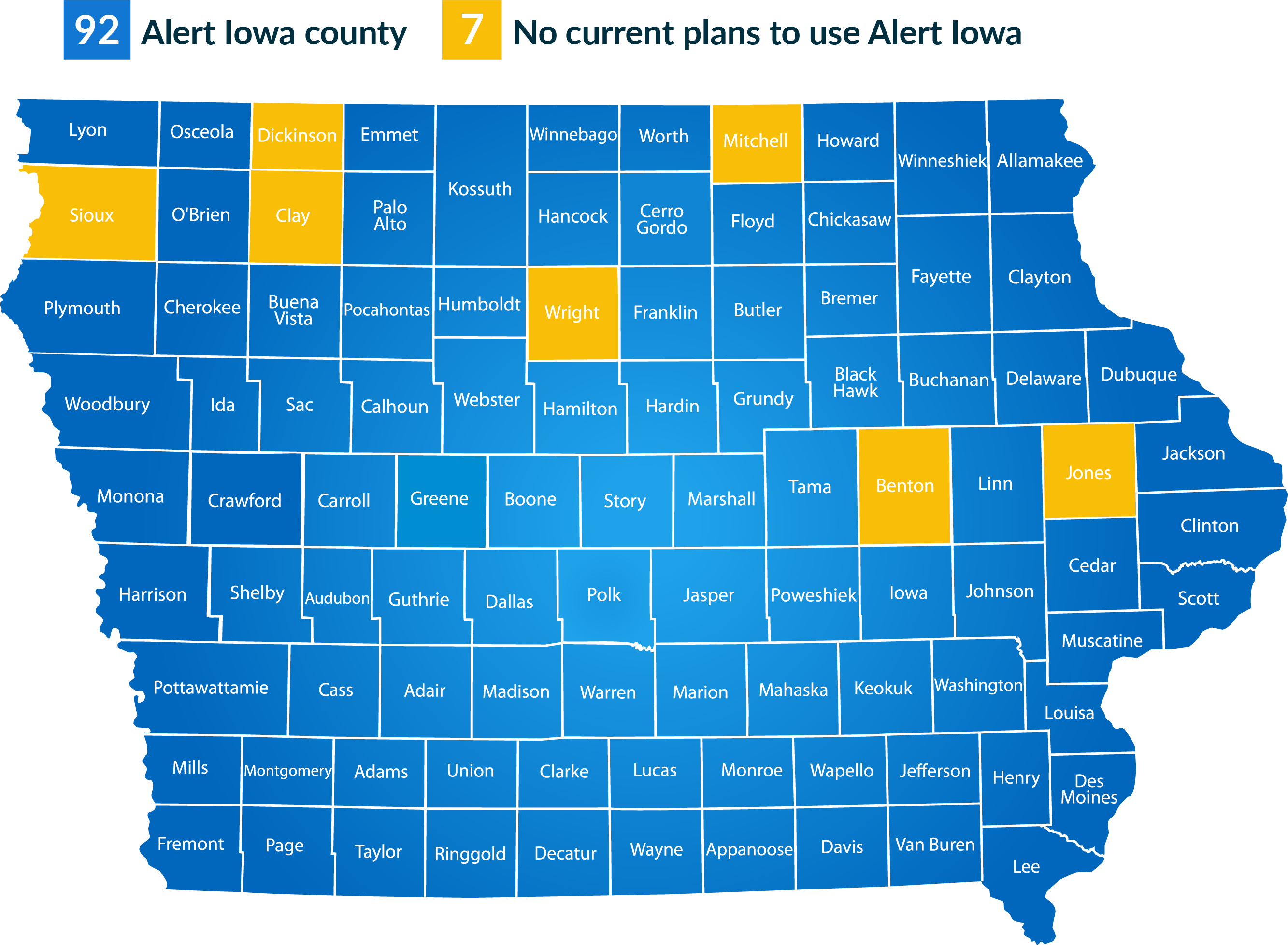 Alert Iowa County Map, 92 Alert Iowa Counties, 7 Counties with no current plans to use Alert Iowa including Sioux, Dickinson, Clay, Wright, Mitchell, Benton and Jones