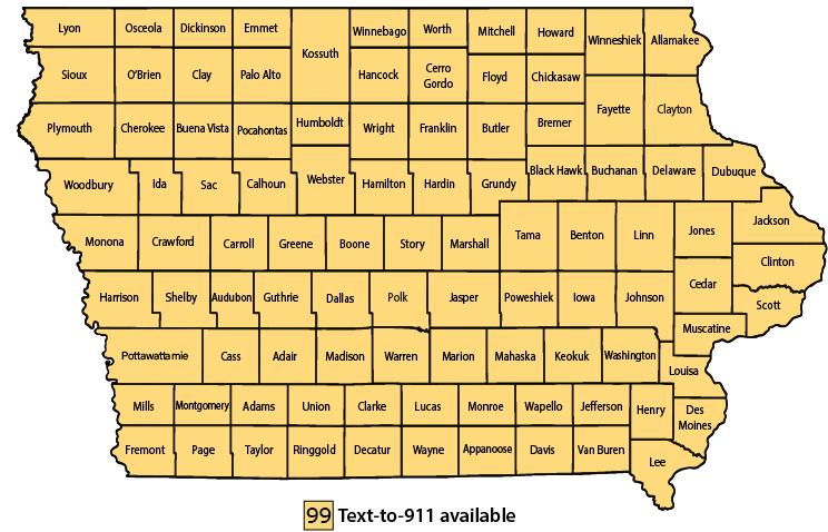 Map of 99 Iowa counties all supported for Text-to-911.