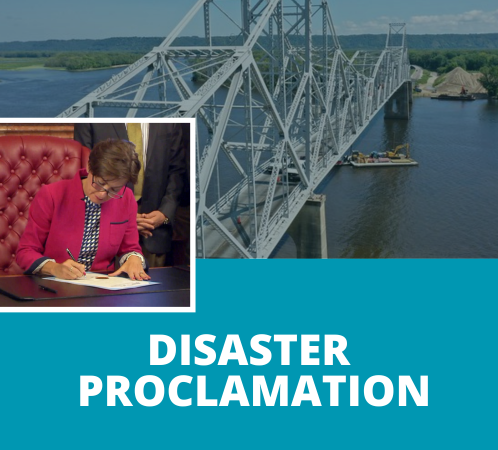 Disaster Proclamation text with picture of Gov. Reynolds signing proclamation and Lansing, Iowa bridge